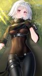  1girl belt black_leotard black_pants breasts coat covered_navel dated dog_tags gloves grass huma_(tower_of_fantasy) large_breasts leotard looking_at_viewer lying mouth_hold on_back open_clothes open_coat pants pink_eyes short_hair solo takedachake thigh_strap tower_of_fantasy white_hair 