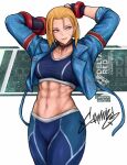  1girl abs arms_up blonde_hair blue_eyes blue_jacket blue_pants blue_tank_top breasts cammy_white choker collarbone fingerless_gloves gloves hershuar jacket midriff navel pants scar scar_on_cheek scar_on_face short_hair smile solo street_fighter street_fighter_6 tank_top upper_body 