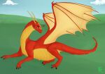  ambiguous_gender anthro belly big_belly blue_sky cloud dragon famir_(artist) feral grass meadow membrane_(anatomy) membranous_wings narrowed_eyes outside plant red_body red_scales red_tail scales sky solo vore wings yellow_body yellow_wings 