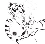  2022 4_toes anthro areola arm_between_breasts big_areola big_breasts big_nipples breasts claws container cup dark_areola dark_nipples digital_media_(artwork) dreamworks feet felid female finger_claws flexible freckles fur holding_cup holding_object holding_with_foot kung_fu_panda looking_aside mammal master_tigress monochrome necrolepsy nipples nude pantherine parody prick_ears solo steam striped_body striped_fur stripes thinking tiger toe_claws toes whiskers 