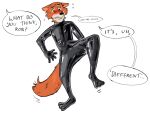  33xtc anthro blush bodily_fluids canid canine clothing dialogue disney embarrassed flustered fox hi_res latex latex_clothing male mammal robin_hood_(disney) rubber rubber_clothing rubber_suit simple_background solo sweat white_background 