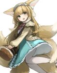  1girl absurdres animal_ears arknights basket black_footwear blonde_hair blush cardigan dress fox_ears fox_girl fox_tail green_dress green_eyes hair_down hairband highres holding holding_basket kitsune long_hair long_sleeves looking_at_viewer multicolored_hair multiple_tails neck_ribbon official_alternate_costume open_cardigan open_clothes open_mouth pantyhose red_ribbon ribbon shoes simple_background solo streaked_hair suzuran_(arknights) suzuran_(praise_spring)_(arknights) tail teruriu white_background white_hair white_pantyhose yellow_cardigan 