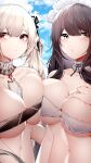  2girls absurdres areola_slip asymmetrical_docking azur_lane black_hair blue_sky breast_press breasts cleavage day formidable_(azur_lane) grey_hair hand_on_own_chest highres indomitable_(azur_lane) large_breasts long_hair looking_away maid_headdress multiple_girls outdoors red_eyes samip sky slit_pupils twintails very_long_hair yellow_eyes 