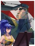  1boy 1girl abstract abstract_background bare_shoulders beret blue_eyes blue_hair earrings easel eyepatch father_and_daughter gloves hat heidern highres jewelry leona_heidern oni_gini paint_stains paintbrush painting_(object) ponytail sleeveless the_king_of_fighters the_king_of_fighters_xv triangle_earrings 