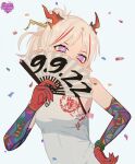  1girl absurdres arknights arm_tattoo breasts character_name china_dress chinese_clothes colored_skin confetti covering_mouth dragon_girl dragon_horns dress hair_ornament hairpin hand_fan hand_on_hip happy_birthday highres holding holding_fan horns looking_at_viewer multicolored_hair nian_(arknights) nian_(unfettered_freedom)_(arknights) official_alternate_costume pointy_ears ponytail purple_eyes red_hair red_skin selmer simple_background sleeveless sleeveless_dress small_breasts solo streaked_hair tattoo upper_body white_background white_hair 