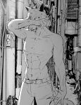  abs absurd_res anthro beastars blood bodily_fluids canid canine canis clothed clothing furry_bb greyscale hi_res legoshi_(beastars) male mammal monochrome muscular muscular_male pecs scar solo topless v-cut wolf 