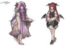  2girls absurdres bat_wings blue_bow book bow capelet crescent crescent_hair_ornament dress hair_ornament head_wings highres holding holding_book hua_ha_jiazi koakuma long_hair long_sleeves multiple_girls patchouli_knowledge purple_hair red_eyes red_hair shoes simple_background striped striped_dress touhou wings 