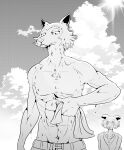  abs absurd_res anthro beastars bodily_fluids canid canine canis clothed clothing duo female furry_bb greyscale hi_res juno_(beastars) legoshi_(beastars) male mammal monochrome muscular muscular_male pecs sweat topless wolf 