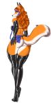  anthro butt canid canine clothing female fox fur hi_res latex legwear looking_at_viewer looking_back looking_back_at_viewer mammal orange_body orange_fur reina. simple_background solo thigh_highs thong underwear white_background 