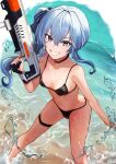  1girl absurdres armpit_crease assault_rifle bangs bare_shoulders beach bikini black_bikini black_straps blue_eyes blue_hair blue_ribbon breasts choker clenched_teeth collarbone commentary day dutch_angle from_above grin gun hair_between_eyes hair_ribbon highres hip_vent holding holding_water_gun hololive hoshimachi_suisei leaning_forward legs_apart looking_at_viewer medium_hair micro_bikini navel ocean outdoors ribbon rifle sand side_ponytail small_breasts smile solo standing star_(symbol) star_in_eye stomach sunlight swimsuit symbol_in_eye teeth thigh_strap thighs v-shaped_eyebrows virtual_youtuber water water_drop water_gun weapon wet yotsuyama_(yomo8ama) 