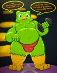  2022 anthro avian barazoku barefoot beak belly biceps big_bulge big_muscles bird bulge clothed clothing daxhush dialogue dumbbell duo_(duolingo) duolingo english_text exercise feathers feet front_view green_body green_feathers looking_at_viewer male mascot musclegut muscular muscular_anthro muscular_male open_mouth overweight overweight_anthro overweight_male owl pecs praise simple_background solo standing talking_to_viewer talons text thong topless topless_anthro topless_male tuft underwear weightlifting weights workout 