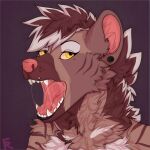  1:1 abstract_background anthro bodily_fluids brown_hair cheek_tuft chest_tuft ear_piercing eyelashes facial_piercing facial_tuft famir_(artist) fangs female fur gauged_ear glistening glistening_eyes grey_body grey_fur hair hi_res lip_piercing lip_stud looking_at_viewer mouth_shot multicolored_body multicolored_fur narrowed_eyes neck_tuft open_mouth piercing red_nose red_tongue saliva saliva_string shoulder_tuft solo stud_piercing tan_sclera tongue tuft two_tone_body two_tone_fur yellow_eyes 