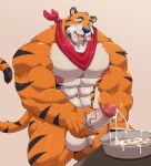  5_fingers abs absurd_res anthro athletic biceps big_muscles blue_nose bodily_fluids bowl breath cereal cereal_bowl chest_tuft claws container cum cum_in_bowl cum_in_mouth cum_inside felid feline fingers food frosted_flakes fur genital_fluids genitals hair hairy hi_res humanoid_genitalia humanoid_penis jumperbear kellogg&#039;s leaning leaning_forward leg_muscles looking_down male mammal markings mascot masturbation muscular muscular_anthro muscular_male neckwear nipples orange_body orange_fur orange_hair pantherine pecs penis saliva simple_background solo striped_body striped_fur striped_markings striped_tail stripes sweat tail_markings tail_tuft tiger tony_the_tiger tuft vein yellow_eyes yellow_sclera 