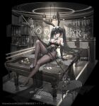  1girl ace_of_spades animal_ears ball bangs bar billiard_ball billiards black_footwear black_gloves black_hair black_leotard bottle breasts brown_pantyhose card cleavage closed_mouth cue_stick d._(ddot2018) detached_collar elbow_gloves eyepatch fake_animal_ears gloves hair_between_eyes high_heels highres holding_cue_stick indoors iron_saga large_breasts leotard long_hair pantyhose playing_card pool_table rabbit_ears serenity_(iron_saga) shoes shoes_removed single_shoe sitting sitting_on_table solo spade_(shape) strapless strapless_leotard table thigh_strap very_long_hair 