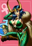  1girl adjusting_hair big_breasts blue_eyes blue_hair breasts cleavage cloak detached_sleeves female genderswap green_eyes hair_ornament headdress helmet highres kaorun large_breasts loki_(marvel) long_hair marvel purple_lips skin_tight solo wink 