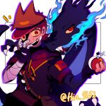  1boy alternate_costume animification artist_name bag bandage_on_cheek bandaged_arm bandages black_border black_gloves blue_fire border brown_hair charizard colored_sclera commentary crazy_eyes crossover dragon drawstring eddsworld english_commentary fangs fingerless_gloves fire flipped_hair gloves hair_ears highres hin_9652 holding hood hood_down hoodie ibispaint_(medium) looking_at_viewer male_focus mega_charizard_x mega_pokemon open_mouth poke_ball poke_ball_(basic) pokemon pokemon_(creature) red_eyes red_hoodie short_hair short_sleeves shoulder_bag simple_background smile tord_(eddsworld) white_background yellow_sclera 