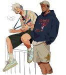  2boys adidas alternate_costume alternate_skin_color alternate_tattoo ankle_socks aqua_shoes backpack bag baggy_shorts band_shirt bandaid bandaid_on_cheek bandaid_on_face baseball_cap bent_back black_shirt blue_bag blue_eyes blue_hoodie closed_mouth commentary cropped_legs doodle_inset english_commentary eyebrow_cut eyewear_hang face_piercing facial_tattoo fish_tattoo full_body gojou_satoru hair_between_eyes hand_in_pocket hat headphones highres hood hoodie jujutsu_kaisen labret_piercing laces led_zeppelin leg_tattoo looking_ahead looking_at_viewer male_focus meme_inset merchandise mole mole_on_neck mole_under_eye multiple_boys neck_tattoo nirvana_(band) on_railing open_mouth oversized_clothes oversized_shirt piercing pink_hair plug_(piercing) railing red_eyes round_eyewear ryoumen_sukuna_(jujutsu_kaisen) screentones shirt shirt_under_sweater shoes shorts sitting snakebite_(piercing) socks standing star_(symbol) star_print strap_pull sunglasses t-shirt tan tattoo teeth to_0fu untucked_shirt unworn_eyewear upper_teeth_only watch white_background white_hair white_hat white_shirt white_shorts white_socks wristwatch 
