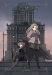  3girls back-to-back brown_hair building hand_on_hip hat highres lamppost landscape legwear_under_shorts multiple_girls original pantyhose scarf seo_tatsuya shorts sitting wings 