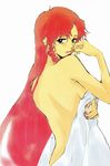  back blue_eyes breasts covering hair_down hayashi_akemi highres lips lipstick long_hair makeup nail_polish nude red_hair red_nails scan sideboob small_breasts smile solo tengen_toppa_gurren_lagann tengen_toppa_gurren_lagann:_parallel_works yoko_littner 