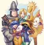  1girl 3boys adelbert_steiner aqua_eyes armor bird black_mage_(final_fantasy) blonde_hair blue_coat blue_hair bodysuit bow brown_gloves chainmail chocobo closed_eyes closed_mouth coat cocoro_oq collared_shirt cowboy_shot creature eiko_carol feet_out_of_frame final_fantasy final_fantasy_ix gloves green_vest grey_gloves hair_bow hat hat_feather helmet highres holding holding_creature horns moogle multiple_boys neck_ribbon open_mouth outstretched_hand overalls pants parted_bangs pink_bodysuit red_sweater ribbon shirt short_hair shoulder_belt single_horn smile standing striped_clothes striped_pants sweater vest vivi_ornitier white_shirt wizard_hat yellow_bow yellow_eyes yellow_overalls zidane_tribal 