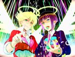  2boys blonde_hair blue_eyes bracelets brothers candy earring genderswap halo long_hair multicolored_hair open_mouth panty_&amp;_stocking_with_garterbelt panty_(character) pink_hair purple_hair short_hair smile stocking_(character) tongue wings 