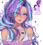  1girl aegyo_sal aqua_streaks arm_tattoo bare_shoulders black_bra blue_eyes blush bra bra_strap breasts character_name cleavage closed_mouth commentary cutie_mark ear_piercing english_commentary equal_sign eyeshadow glitter glitter_makeup hair_between_eyes halftone highres humanization jewelry lipstick looking_at_viewer makeup multicolored_hair my_little_pony my_little_pony:_friendship_is_magic necklace off-shoulder_sweater off_shoulder official_art_inset piercing portrait purple_eyeshadow purple_hair purple_sweater small_breasts solo spaghetti_strap star_(symbol) star_in_eye star_necklace starlight_glimmer streaked_hair sweater symbol_in_eye tank_top tattoo tuna.biodegradable two-tone_hair underwear white_tank_top 