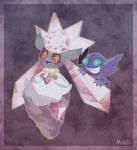  1girl blue_eyes border colored_sclera crystal diamond_(gemstone) diancie floating full_body gem gem_eyes grin highres holding long_hair looking_at_another mr_h202 open_mouth pink_eyes pink_gem pink_hair pokemon pokemon_(creature) pokemon_focus purple_background purple_border red_sclera sableye shirt simple_background smile white_shirt 