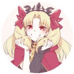  1girl bangs blonde_hair blush chan_co commentary_request ereshkigal_(fate/grand_order) fate/grand_order fate_(series) grin hair_ribbon hands_in_hair hands_up holding holding_hair hood jewelry long_hair looking_at_viewer red_eyes ribbon single_sleeve smile solo tiara two_side_up widow&#039;s_peak 