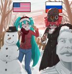  2girls ^_^ alcohol american_flag aqua_hair black_coat blush bottle brown_gloves character_snowman closed_eyes coat denim double_v drill_hair drunk english_commentary gloves half-closed_eyes hatsune_miku highres holding holding_bottle jeans joseph_stalin kasane_teto long_hair long_sleeves multiple_girls open_mouth pants red_eyes red_hair red_scarf red_sweater rivetingroast russian_flag scarf smile smirnoff_(vodka) snowman squeans sweater twin_drills twintails ushanka utau v very_long_hair vocaloid vodka winter_clothes winter_coat 