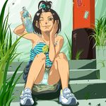  black_hair camisole grass green_eyes hair_bobbles hair_ornament hand_on_own_face legs motoi_hiroumi no_socks one_eye_closed original panties ramune sitting sitting_on_stairs skirt smile solo stairs sweat underwear 