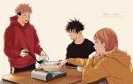  1girl 2boys black_hair black_shirt bowl brown_eyes brown_hair bunsen_burner closed_mouth facial_mark fushiguro_megumi grey_eyes hair_between_eyes hand_on_own_chin highres holding holding_ladle hood hood_down hoodie itadori_yuuji jujutsu_kaisen kugisaki_nobara ladle multiple_boys mzn_320 open_mouth orange_hoodie pink_hair pointing red_hoodie shirt short_hair smile spiked_hair upper_body 