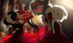  4_eyes 4_fingers absurd_res anthro artist_logo artist_name avian back_spines beak bird black_beak blitzo_(helluva_boss) blurred_background cape chest_tuft clothed clothing column crouching demon demon_humanoid detailed_background duo eye_contact eyebrows eyelashes facial_markings facial_scar feather_hair feather_tuft feathers fingers forehead_markings grey_body grey_feathers grey_hair hair hand_on_chin head_markings hellaverse helluva_boss hi_res horn horned_humanoid humanoid imp logo looking_at_another male male/male markings mask multi_eye no_pupils one_eye_obstructed open_mouth owl owl_demon phantom_of_the_opera pseudo_hair raised_head red_body red_eyes red_sclera scar shirt short_hair size_difference spines stolas_(helluva_boss) striped_horn stripes text tongue topwear tuft tunic yellow_sclera zidanemina 