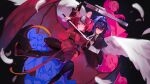  2girls absurdres alternate_costume angel_wings animal_ears belt black_belt black_boots black_capelet black_hair blue_eyes blue_hair boots capelet ceres_fauna commentary cosplay daidaidaidaidaikirai demon_wings dress english_commentary feathered_wings friend_(nanashi_mumei) gloom_(irys) gun hair_ornament hakos_baelz highres holding holding_gun holding_sword holding_weapon hololive hololive_english irys_(hololive) long_sleeves mouse_ears mouse_girl multicolored_hair multiple_girls namiorii nanashi_mumei ouro_kronii pantyhose purple_eyes red_capelet red_dress red_hair sword tsukumo_sana virtual_youtuber weapon white_hair wings 