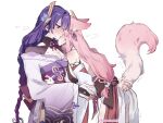  2girls animal_ears bare_shoulders blush breasts cleavage commentary dress english_commentary fox_ears fox_girl fox_tail genshin_impact grabbing_another's_tail hand_blush highres japanese_clothes kimono long_hair mole mole_under_eye multiple_girls nonons obi pink_hair purple_hair purple_kimono raiden_shogun sash shoulder_blush simple_background sweat tail white_background white_dress yae_miko yuri 