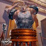  1boy armpits arms_up black_armlet brown_hair bug_print capcom character_request choker copyright_logo copyright_name copyright_notice courtroom covered_abs covered_pectorals crying crying_with_eyes_open ear_piercing from_below furrowed_brow grey_pants hairstyle_request highres indoors jewelry legs_apart light_particles logo male_focus multiple_rings muscular muscular_male official_art open_mouth pants pectorals piercing print_tank_top ring ring_piercing short_hair solo spiked_choker spikes standing tank_top tears teeth teppen uneven_eyes unused_tire very_short_hair white_tank_top yu_cheng_hong 