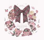  alternate_color bow brown_eyes buneary celebi commentary ditto full_body green_eyes highres hoppip jigglypuff jumpluff luvdisc merry_christmas minccino no_humans pachirisu pankonekone02 pawmi plaid_bow pokemon pokemon_(creature) red_eyes shiny_pokemon simple_background skitty white_background wooper 