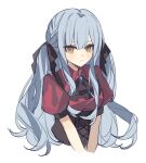  1girl ascot bang_dream! bang_dream!_it's_mygo!!!!! black_ascot black_corset black_ribbon blue_hair brooch brown_eyes closed_mouth commentary corset cropped_torso hair_ribbon highres jewelry long_hair looking_at_viewer oblivionis_(bang_dream!) red_shirt reido_0723 ribbon shirt sidelocks simple_background solo togawa_sakiko two_side_up upper_body white_background 