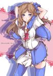  arms_behind_head blue_eyes blush breasts brown_hair cape castlevania charlotte_aulin cleavage lips long_hair medium_breasts nikke_(cherish) pose skirt solo thighhighs zettai_ryouiki 