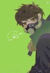  1boy adapted_costume animification antenna_hair art_program_in_frame black_coat brown_hair coat commentary edd_(eddsworld) eddsworld future_edd_(eddsworld) green_background green_eyes green_hoodie green_theme hin_9652 hood hood_down hoodie ibispaint ibispaint_(medium) jitome looking_at_viewer male_focus mask respirator short_hair simple_background sketch_inset solo unfinished upper_body 