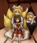  animal_ears barefoot blonde_hair brown_hair cat_ears chen elbow_gloves feet fox_tail gap gloves hat hat_ribbon hiepita_(1014) hug hug_from_behind multiple_girls multiple_tails purple_eyes red_eyes ribbon short_hair sitting tail touhou yakumo_ran yakumo_yukari yellow_eyes 