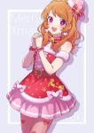  1girl 28 :d aikatsu! aikatsu!_(series) bare_shoulders bell belt blush bow bowtie braid bright_pupils commentary_request dot_nose dress dress_bow english_text engrish_text fur-trimmed_headwear fur_trim hands_up hat legs_together long_hair looking_at_viewer merry_christmas neck_bell orange_hair own_hands_together ozora_akari pink_bow pink_dress pink_hat ranguage red_bow red_bowtie red_dress red_eyes sleeveless sleeveless_dress smile solo standing strapless strapless_dress teeth two-tone_dress upper_teeth_only wavy_hair wrist_bow 