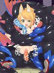  1girl animal_ears blonde_hair breast_lick breast_licking censored cum cum_in_pussy cum_inside goo_(artist) green_eyes held_up highres licking monster penis rape saliva sex shoes sneakers tongue torn_clothes vaginal 