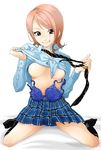  breasts cosplay highres nami one_piece orange_hair sagatsune schoolgirl shirt_lift short_hair smile underboob 