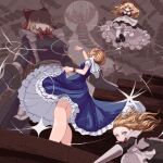  4girls :o alice_margatroid alice_margatroid_(pc-98) apron arm_up belt black_dress black_shoes blonde_hair blue_eyes blue_skirt blue_vest bow bowtie capelet clothes_lift commentary doll dress english_commentary floating_clothes floating_hair frilled_dress frilled_hairband frilled_skirt frilled_wrist_cuffs frills from_behind from_below giant giantess goliath_doll hair_bow hairband highres hill holding holding_polearm holding_weapon lance leggings long_bangs long_hair long_sleeves looking_up magic maid_apron monochrome_background multiple_girls nukekip outstretched_arms parted_lips partially_shaded_face pixel_art polearm puffy_short_sleeves puffy_sleeves red_belt red_bow red_bowtie red_hairband red_wrist_cuffs ribbon-trimmed_sleeves ribbon_trim shanghai_doll shirt shoes short_hair short_sleeves skirt skirt_lift stairs touhou tree v-shaped_eyebrows vest weapon white_capelet white_leggings white_shirt windmill wrist_cuffs 