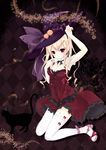  aqua_(artist) argyle argyle_background bad_id bad_pixiv_id black_cat blonde_hair breasts cat cleavage dress food_themed_hair_ornament hair_ornament hairclip hat jack-o'-lantern long_hair magenta_background original pumpkin pumpkin_hair_ornament red_eyes small_breasts solo thighhighs witch_hat 