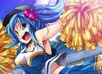  armpits bad_id bad_pixiv_id blue_eyes blue_hair breasts cheerleader face fukai_ryousuke hair_bobbles hair_ornament hat impossible_clothes impossible_shirt kawashiro_nitori large_breasts pom_poms shirt short_hair solo touhou twintails two_side_up 