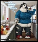 2025 anthro appliance bear beverage big_breasts black_hair blue_clothing blue_sweater blue_topwear bottomwear breasts claws clothing detailed_background dialogue digital_media_(artwork) drunk eggnog english_text female footwear fridge fur hair hi_res holding_beverage holding_object implied_transformation kitchen kitchen_appliance mammal miltonholmes navel open_mouth overweight overweight_anthro pants polar_bear sink smile socks solo standing substance_intoxication sweater text topwear torn_clothing ursine white_body white_fur