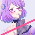  aikatsu!_(series) aikatsu_stars! alternate_breast_size_(larger) aqua_pupils bare_shoulders black_gloves blue_flower blush bracelet breasts character_name cleavage dated dot_nose elbow_gloves finger_to_mouth flower gem glasses gloves hair_flower hair_ornament half-closed_eyes hand_up happy_birthday hinayanoko jewelry large_breasts lips looking_at_viewer nanakura_koharu pink-framed_eyewear pink_gem portrait purple_eyes purple_gem purple_hair see-through_clothes semi-rimless_eyewear short_hair shushing straight_hair tareme under-rim_eyewear 
