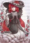  bad_id bad_pixiv_id bow dress feathers flower frills gloves gothic_lolita hat kawahagi lolita_fashion long_hair original purple_eyes red_hair sitting solo 