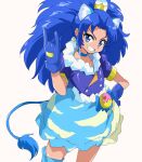  1girl \n/ animal_ears big_hair blue_choker blue_eyes blue_gloves blue_hair blue_shirt blue_skirt blue_thighhighs bubble_skirt choker commentary cowboy_shot crown crown_earrings cure_gelato earrings gloves grin hand_on_own_hip hand_up jewelry kirakira_precure_a_la_mode lion_ears lion_girl lion_tail long_hair looking_at_viewer magical_girl pointed_crown precure shirt short_sleeves simple_background single_thighhigh skirt smile solo standing tail tategami_aoi thighhighs uraki v-shaped_eyebrows white_background 